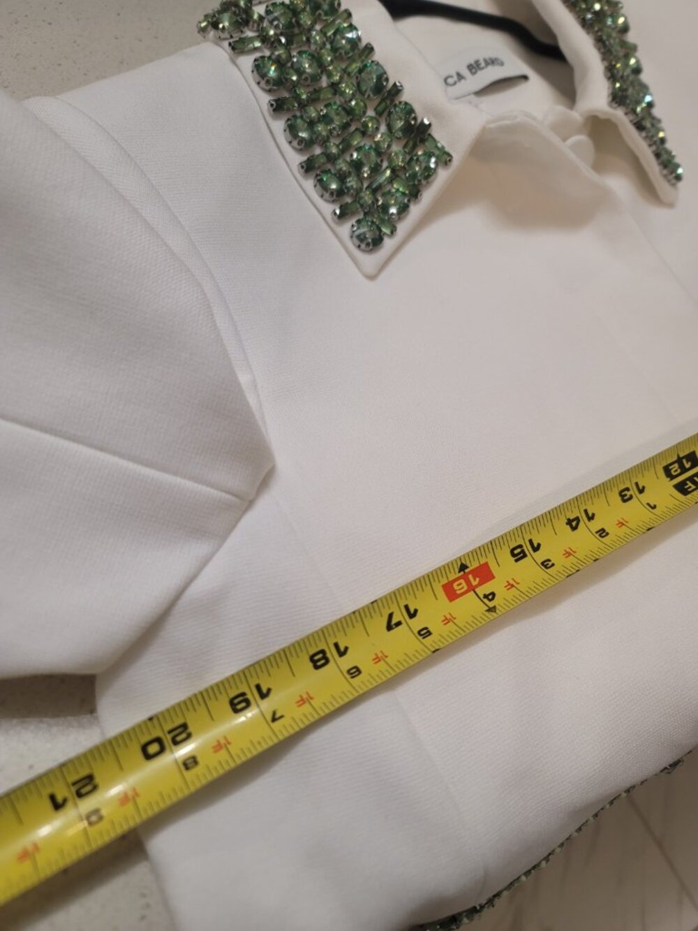 Veronica Beard Cream Cropped Jacket with Green Embellished Trim - Picture 7 of 7